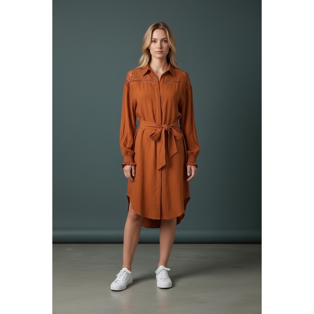 Umgee Rust Orange Linen Blend Crochet Lace Shirt Dress Long Sleeve NWT Large
